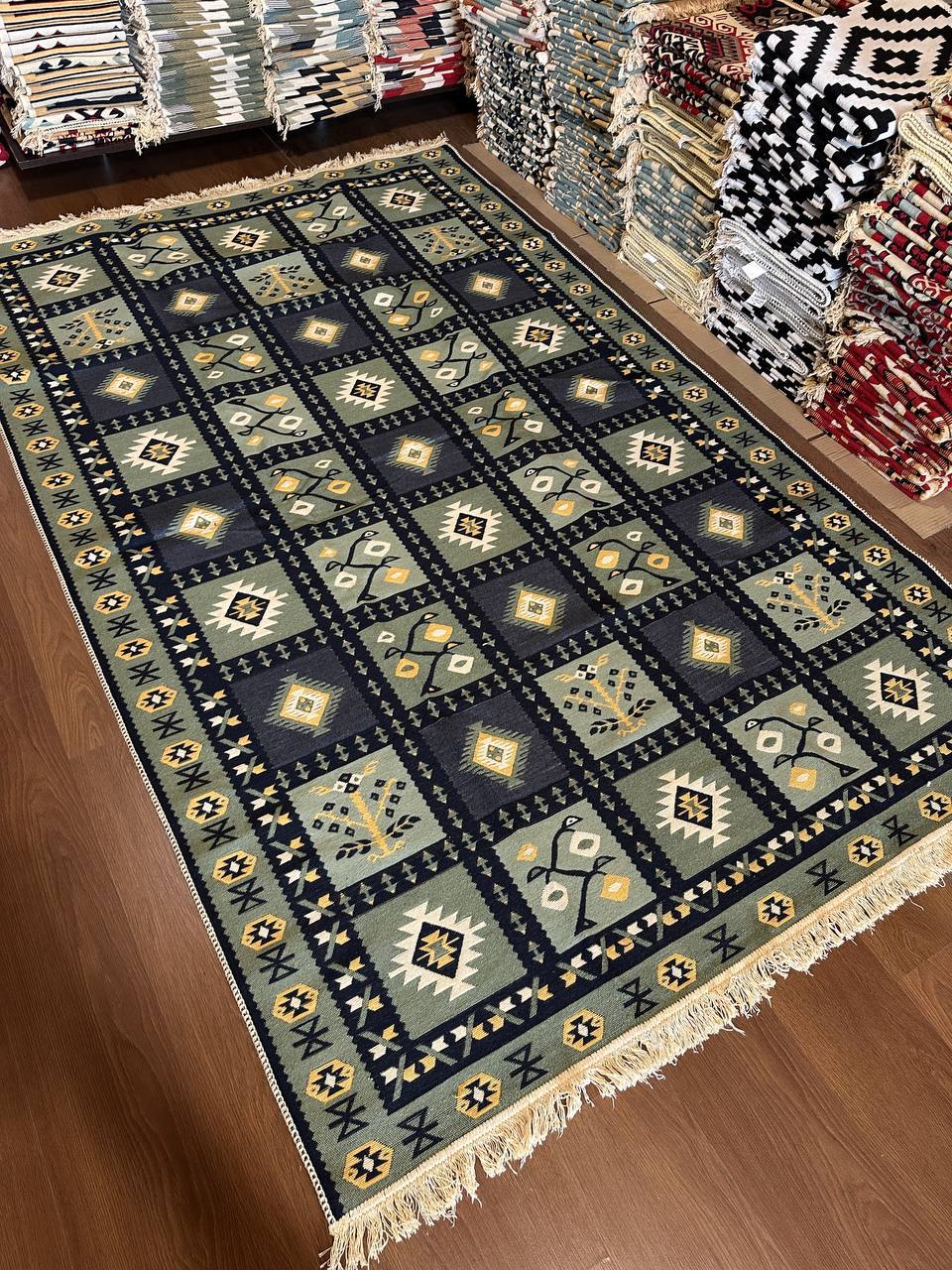 Reversible flat-weave rug Ethno Green