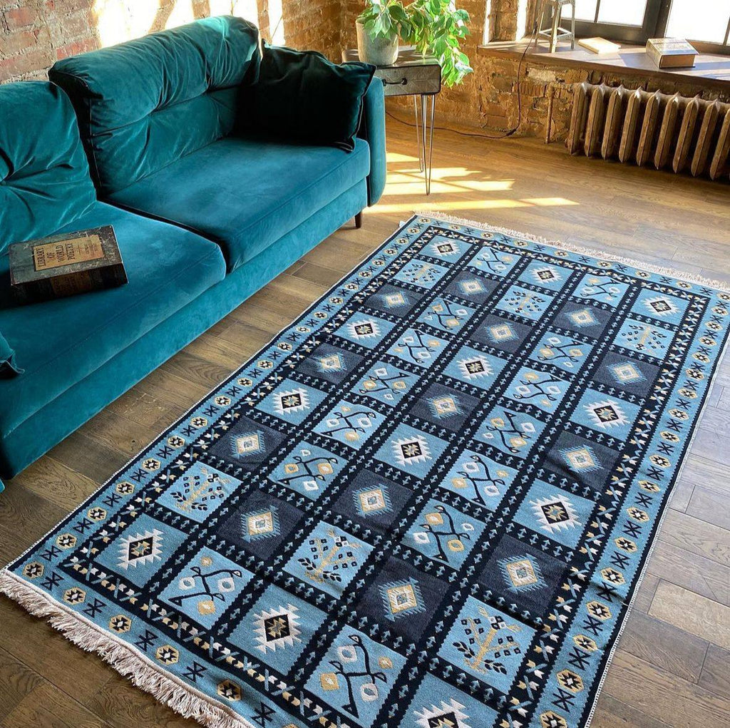 Double-sided flat-woven rug Ethno Blue