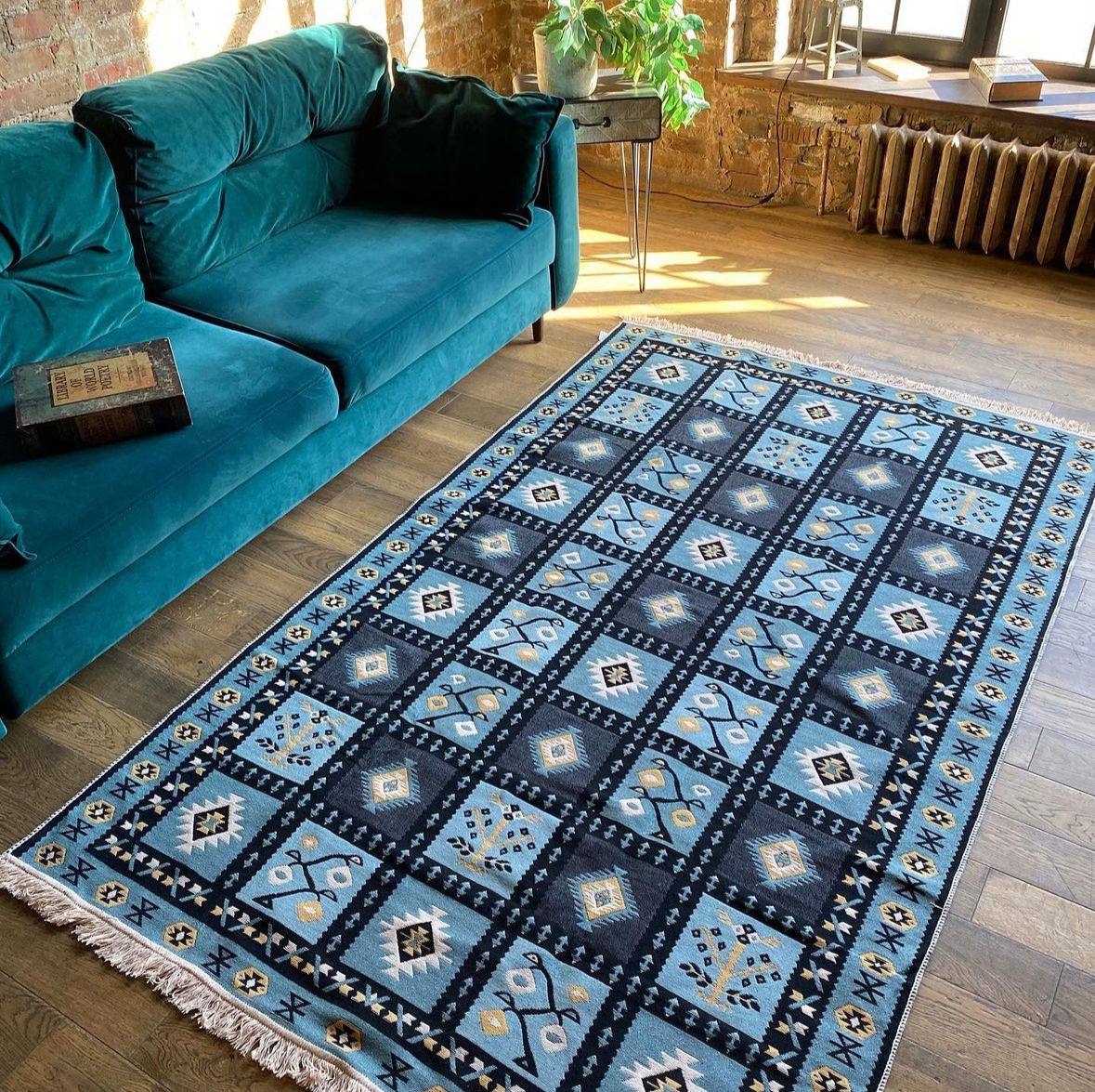 Oboustranný koberec bez vlasu Ethno Blue