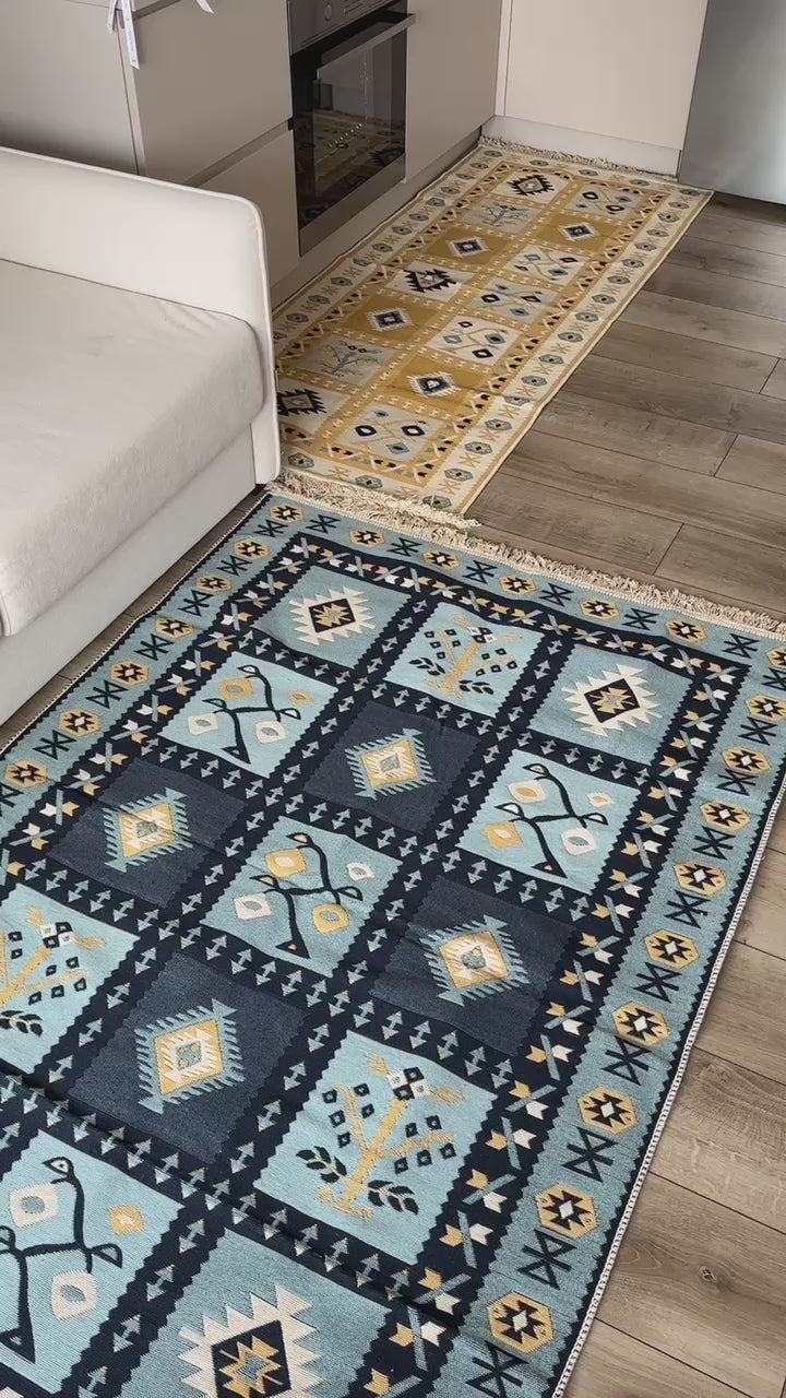 Double-sided flat-woven rug Ethno Blue